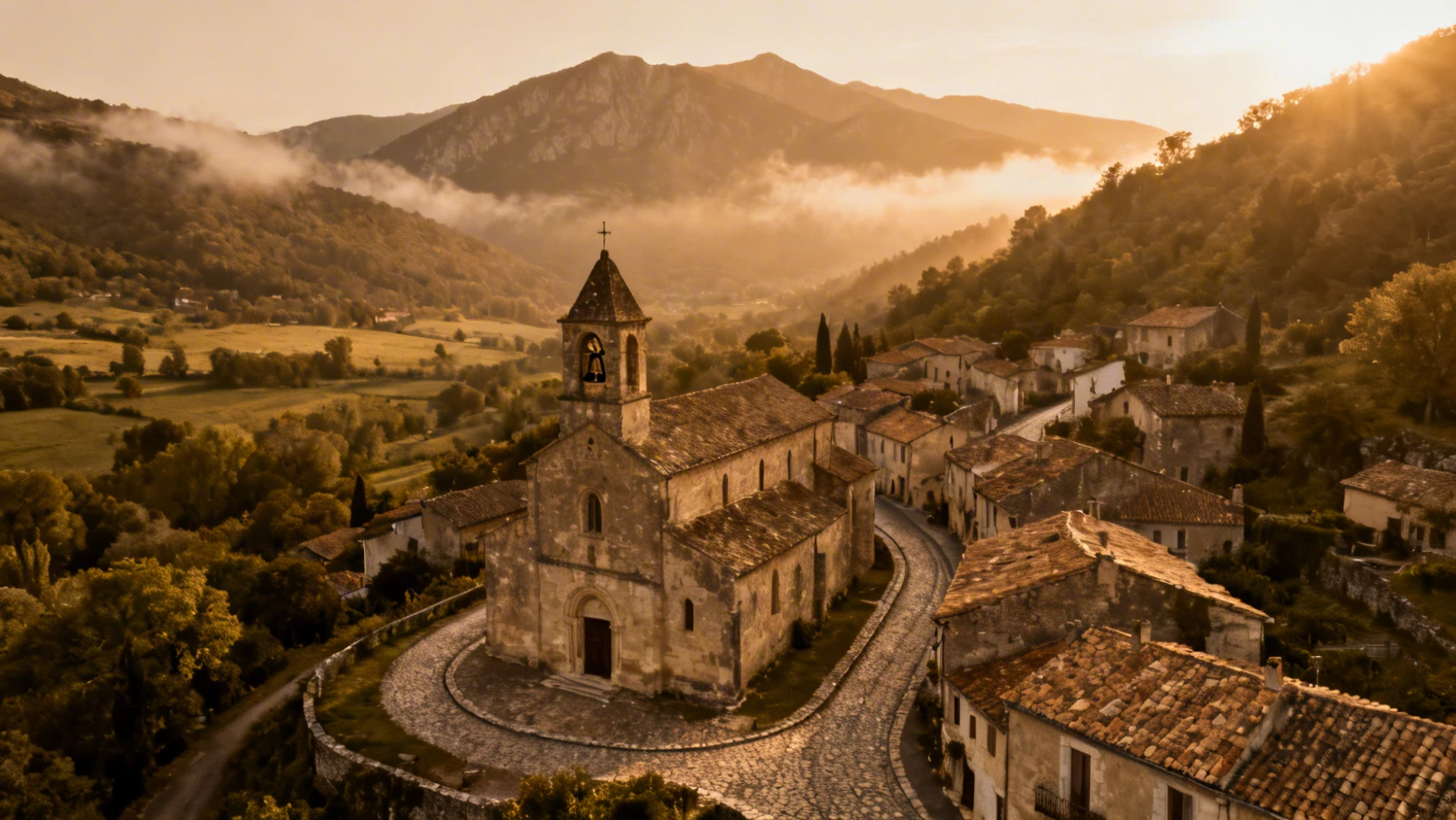 Village francais ancien dans la brume matinale